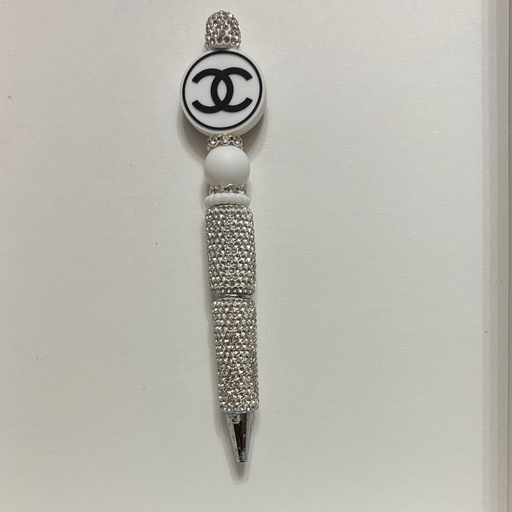 CHANEL Crystal-Embellished Silver and White Pen